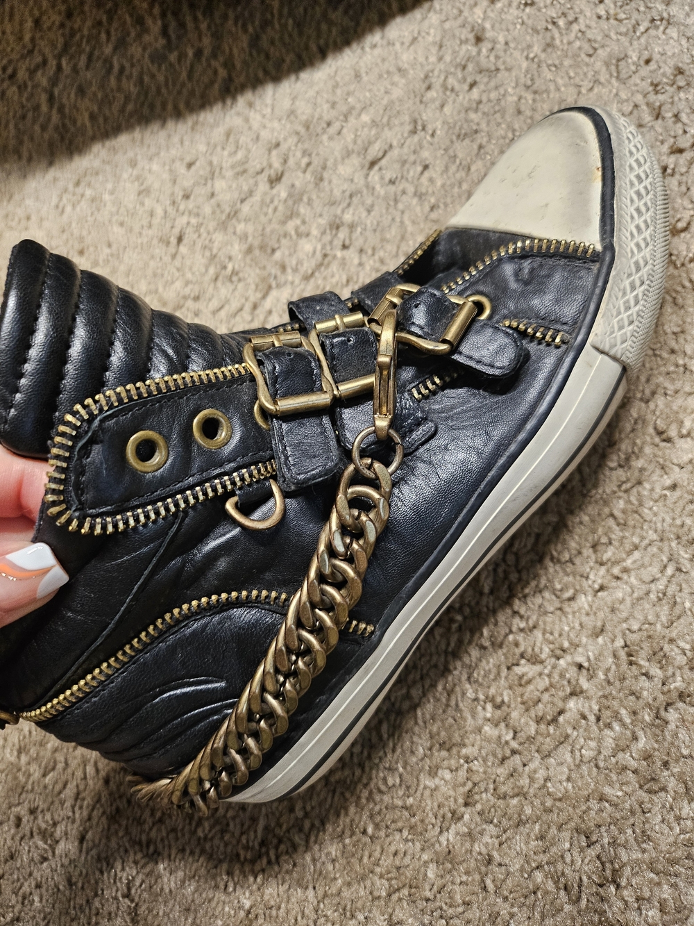 Ash Lita Vivi Black Studded  Leather High-Top Sneaker with Gold Chain- RARE!